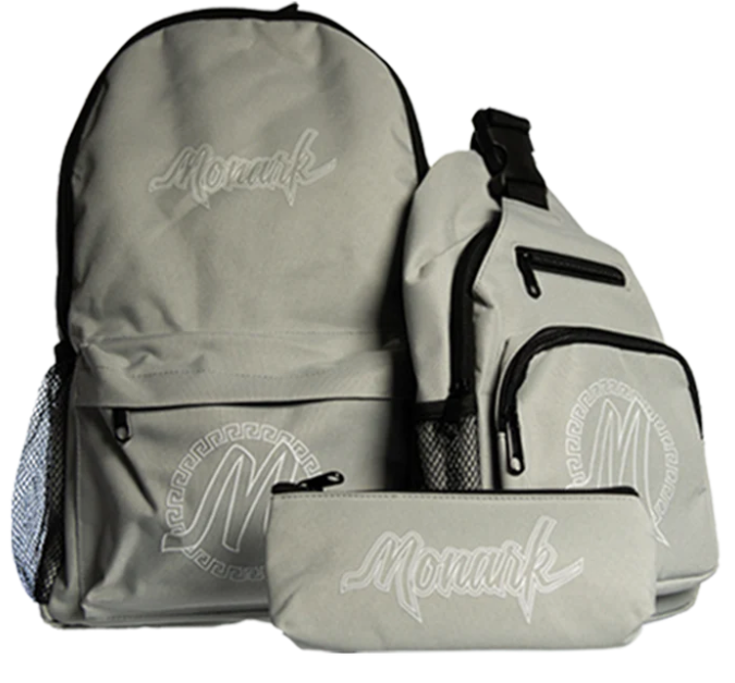 Gray Monark Backpack w/ Gray Shoulder Bag & Gray Pouch