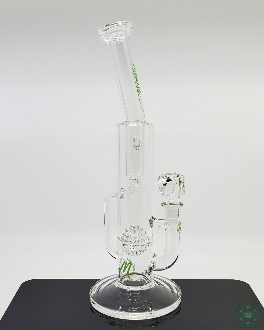 Monark Glass 12” Ball Perc Incycler - Featuring a 21-Hole Perc, Single Drain, 14mm Female Joint, and Male Slide for Smooth Filtration.