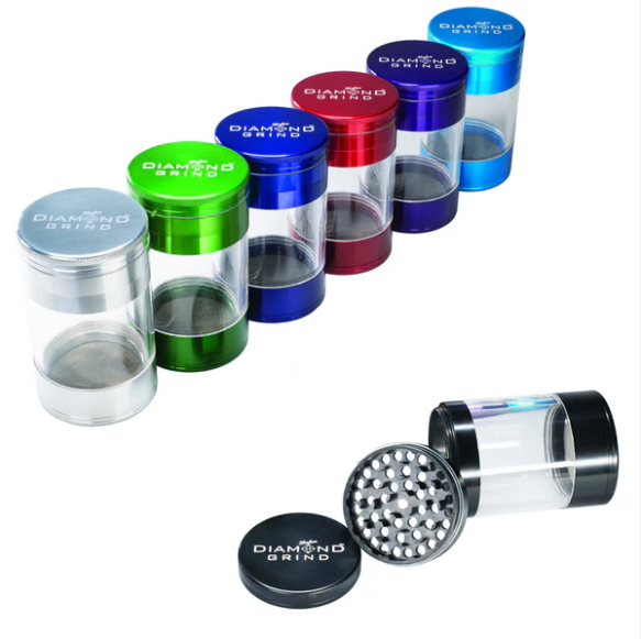 Diamond Grind - 50mm Anodized 4 Piece Shaker, Herb Grinder & Storage