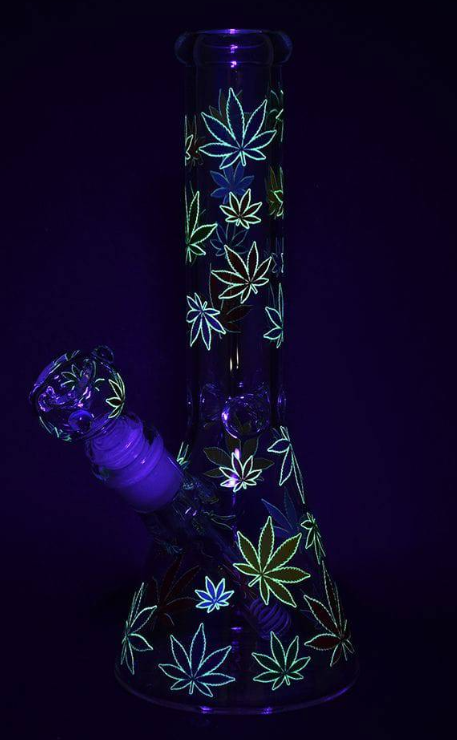 Rainbow Pride Leaf Glow Glass Beaker Water Pipe 10.25"