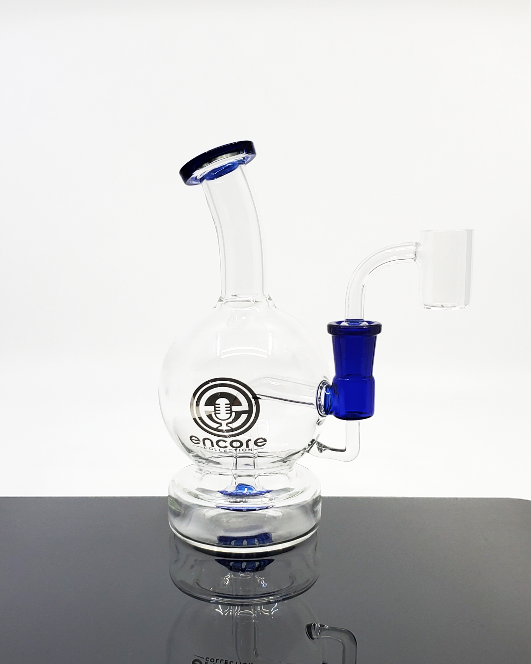 Encore Glass 7” Light Bulb Rig, featuring a unique design with a 14mm female joint and quartz nail, providing smooth hits in a compact, stylish form.