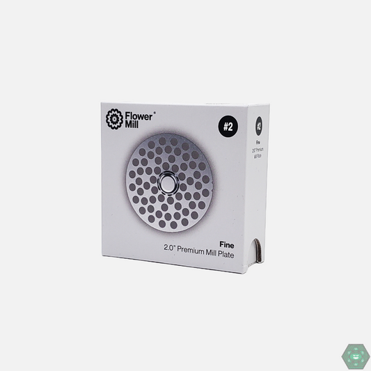 Close-up of Flower Mill 2.0” Premium Mill Plate, crafted from food-grade stainless steel for precision grinding.