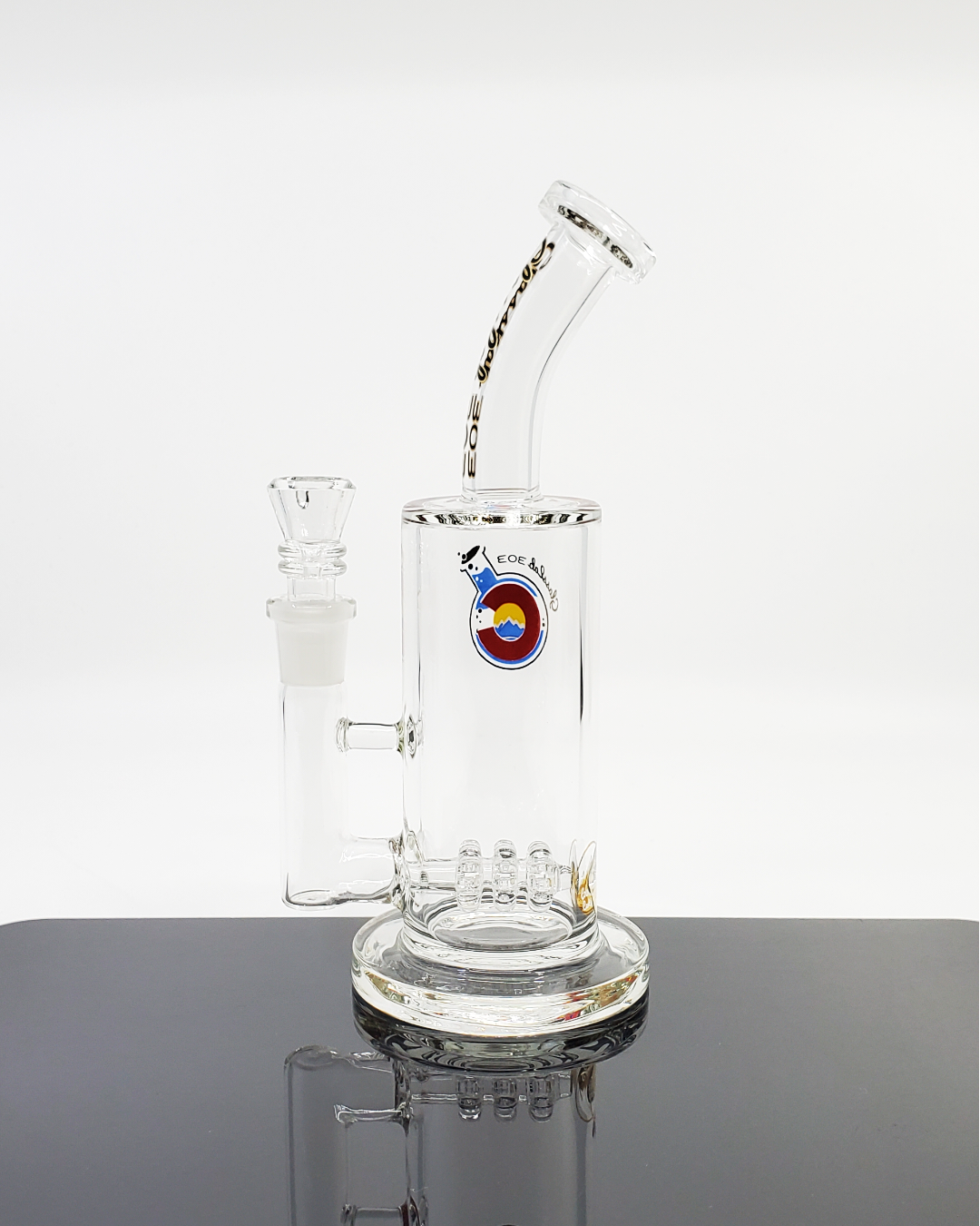Close-up of the Glass Lab 303 8” Triple Disk Perc Straight Tube, showcasing its triple 12+ hole percolators for enhanced filtration and airflow.