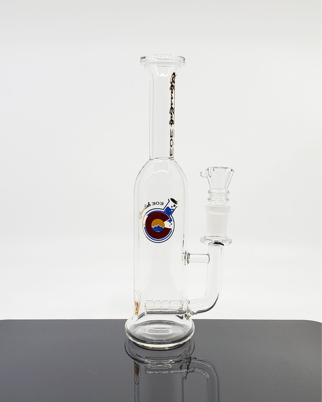 Glass Lab 303 Inline Perc Straight Bottle featuring efficient filtration and a sleek, compact design for smooth hits.