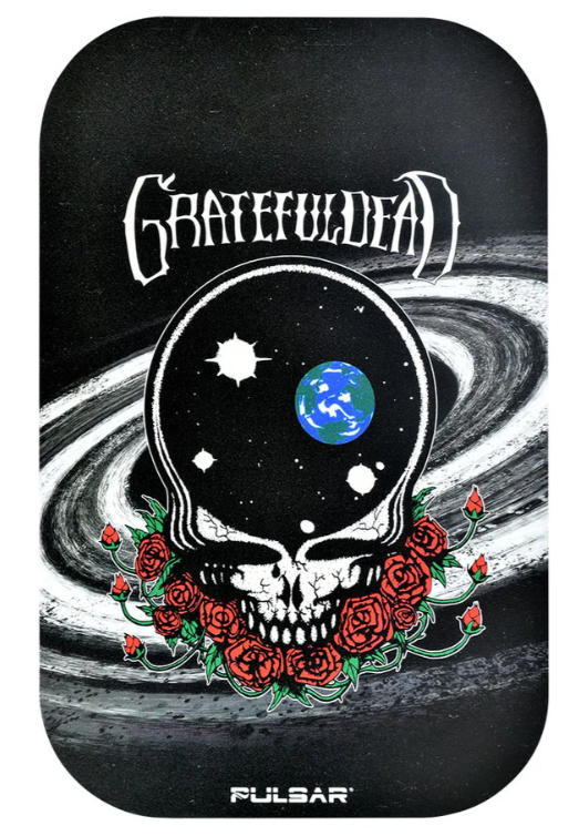 Grateful Dead x Pulsar Metal Rolling Tray & Lid – 'Space Your Face' design with Stealie skull, red roses, and outer space theme, durable metal 11x7 inch tray with matching magnetic lid for safe storage.