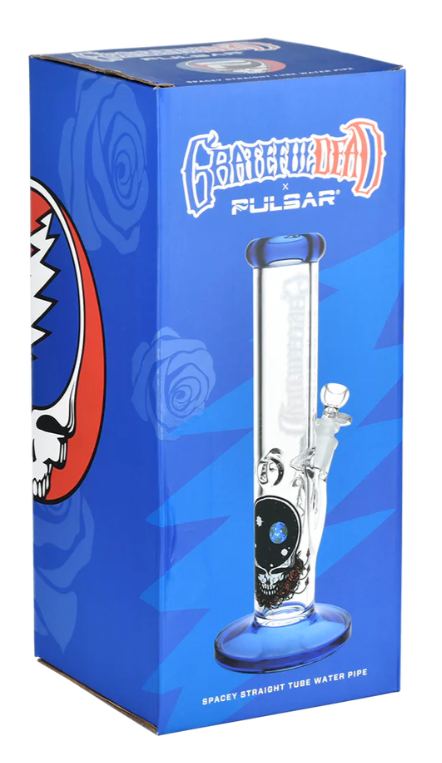 Grateful Dead x Pulsar Space Your Face Straight Tube Bong - Premium 11.75-inch borosilicate glass bong with heavy-duty 7mm glass thickness, slitted diffuser downstem, and iconic Grateful Dead Stealie and logo.