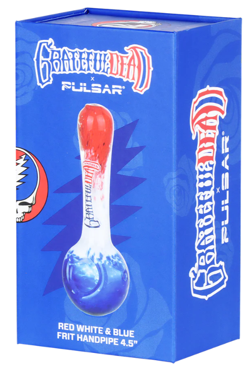 Grateful Dead x Pulsar Spoon Pipe – Grateful Frit design, 4.5-inch hand pipe with red, white, and blue fritted glass sections. Perfect collectible for Grateful Dead fans and festival lovers.