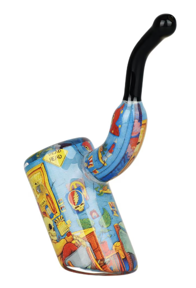 Grateful Dead x Pulsar Deadhead Dorm Sherlock Pipe, made from borosilicate glass with an inside print design of Deadhead skeletons in a dorm room.