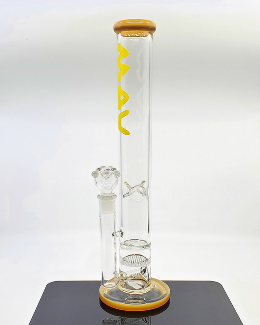 Side view of the MAV Glass 16" Triple Perc Straight Tube, featuring durable borosilicate glass, an 18mm joint, and an ice catcher for a versatile and enjoyable smoking experience.