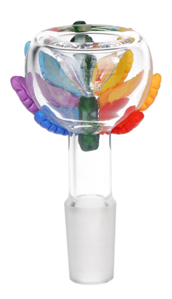 Pride Hemp Leaf Glass Herb Slide with 14mm male joint, featuring a clear bubble-style bowl and vibrant rainbow hemp leaf decoration.