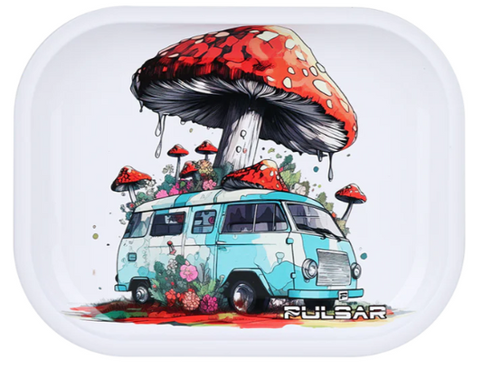 Pulsar Mini Metal Rolling Tray & Lid – 'Pop Up Camper' road trip artwork, featuring mushrooms and flowers, 7x5 inch tray with smooth rolled edges and magnetic lid for safekeeping.
