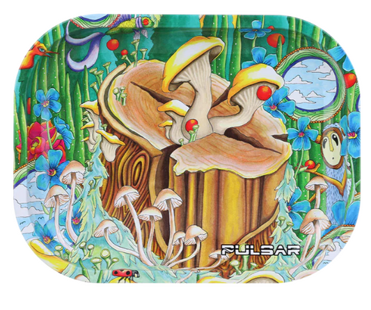 Pulsar Mini Metal Rolling Tray & Lid – 7x5 inch tray with smooth rolled edges, magnetic lid, and vibrant 'Where Love Is Alive' design by Hannah Bunzey, perfect for safekeeping.