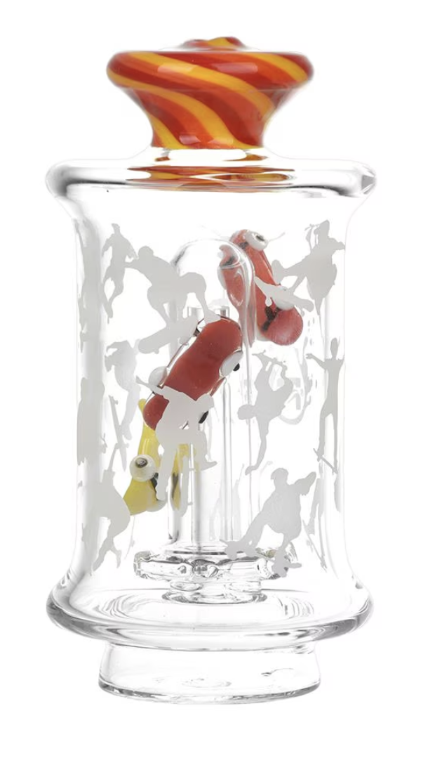 Pulsar Skateboard Glass Attachment, designed with a UFO percolator and skateboard-themed decoration, providing smooth filtration for Puffco Peak/Pro.