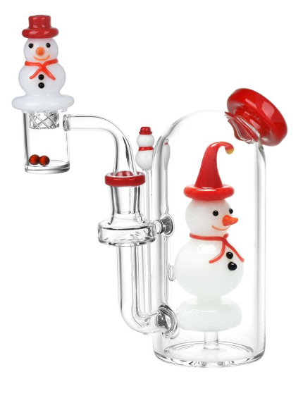Pulsar Smiling Snowman Glass Dab Rig Set, including 14mm male banger, vortex-style carb cap, terp beads, and snowman dab tool for an enjoyable concentrate experience