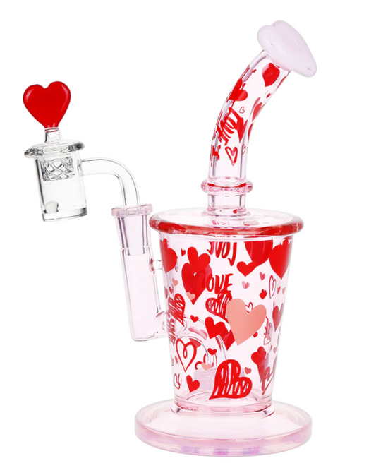 Pulsar Valentine's Love Hearts Dab Rig Kit with circ percolator, heart-shaped mouthpiece, and matching heart dab tool and vortex carb cap.