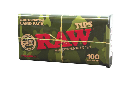 RAW Camo Pre-Rolled Filter Tips, 100ct pack in a camo tin, offering a hassle-free, stylish solution for your rolling needs.