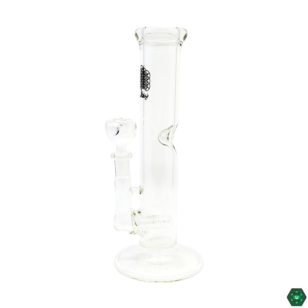 Close-up of Bubsy Glass 9” Straight Tube, showcasing its 4-hole inline perc and ice catcher for a smoother, cooler dabbing experience.