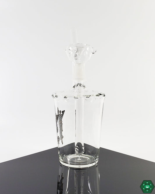 E Glass Cup 8.25-inch glass water pipe with a 14mm male 90-degree joint, compatible with various attachments.