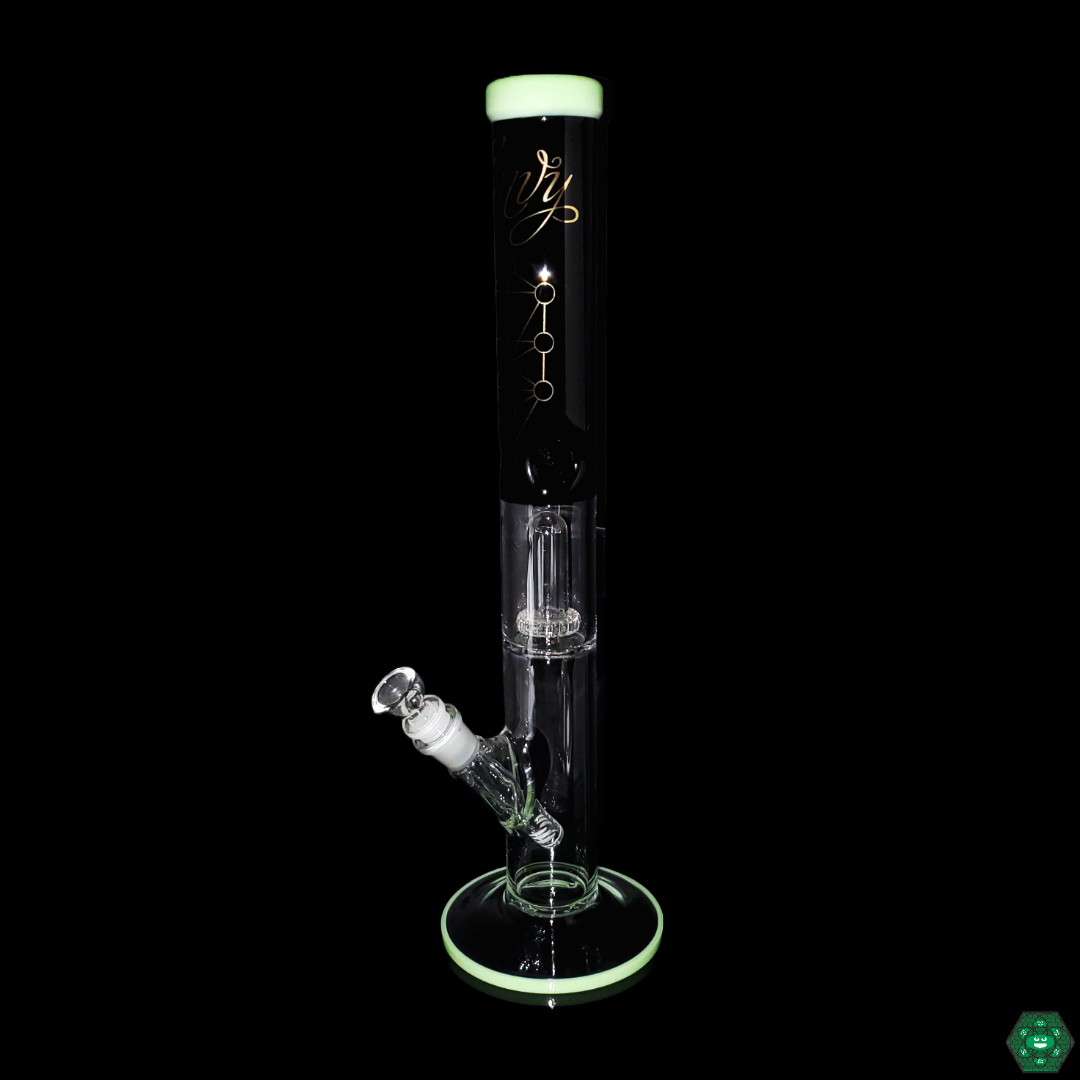 Close-up of Envy Glass 17" UFO Perc Straight Tube Bong, highlighting the intricate 24+ hole UFO perc and high-quality glass design for enhanced smoking sessions.