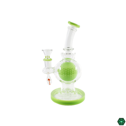 Close-up of the Green Bear Glass 8” Inception Egg, showcasing its intricate design and smooth filtration system for a superior dabbing experience.