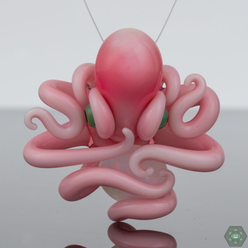 Handcrafted Opal Trapped Octopus Glass Pendant by Liz Wright, a stunning and intricately designed piece featuring vibrant opal hues that shimmer and change with the light, set against a delicate octopus motif, perfect for jewelry lovers and collectors of unique glass art, a must-have for adding a touch of ocean-inspired elegance to any collection.