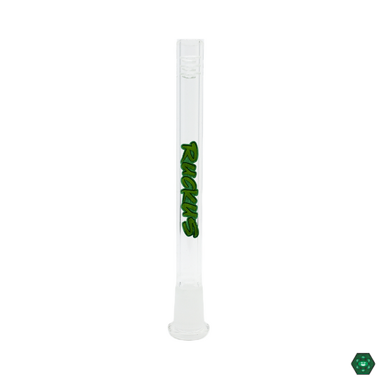 Close-up of Ruckus Glass 5.5-inch Downstem, showcasing its durable design and 7-hole percolator for even diffusion and smooth, efficient vapor filtration.