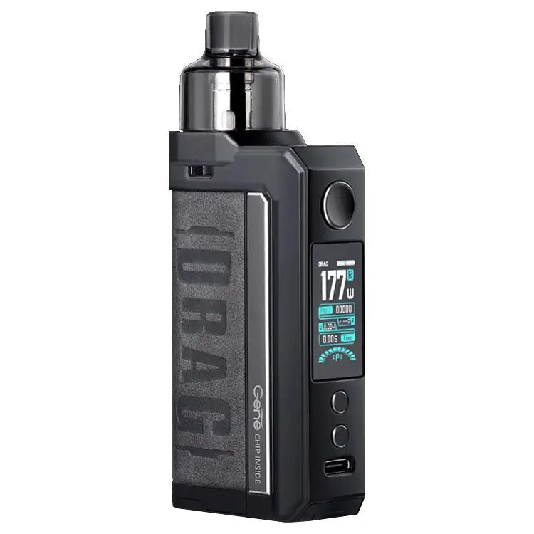 VOOPOO Drag Max 177W Kit, a dual-battery vape offering up to 177W output, powered by the advanced GENE.FAN chip for rapid firing and smart control, including the PnP tank for easy coil changes and optimal vapor, featuring durable construction with a leather and metal design, and ideal for advanced vapers seeking power and style.