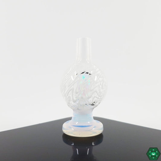 Wig-Wag Bubble Cap with Opal - 25mm: The Soup Glass Wig-Wag Bubble Cap features a vibrant wig-wag design and a stunning opal encased within 25mm of handcrafted glass, compatible with most bangers.