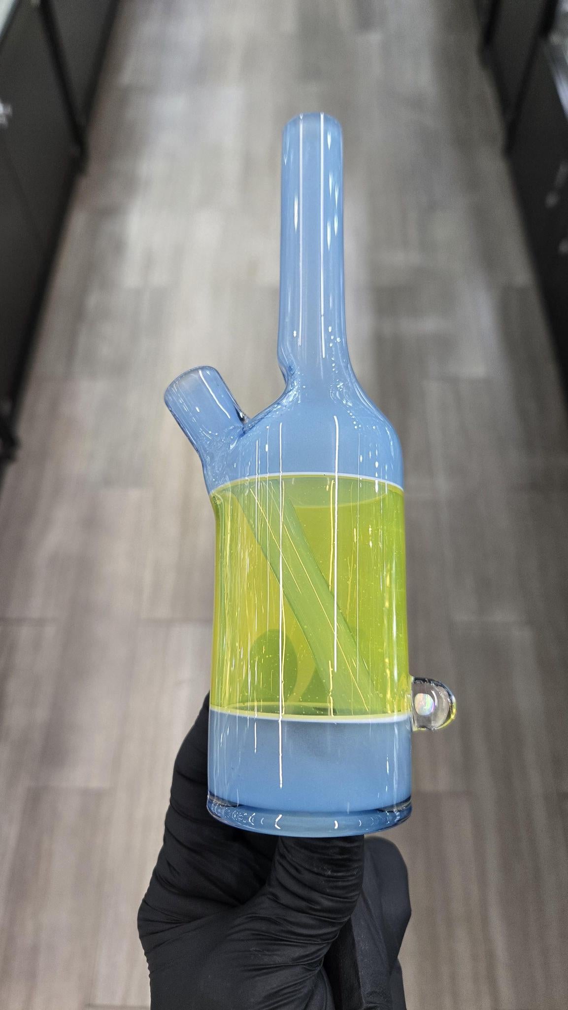 The Glass Mechanic - Custom Blue & Lemon Drop Encased Opal Sake Bottle