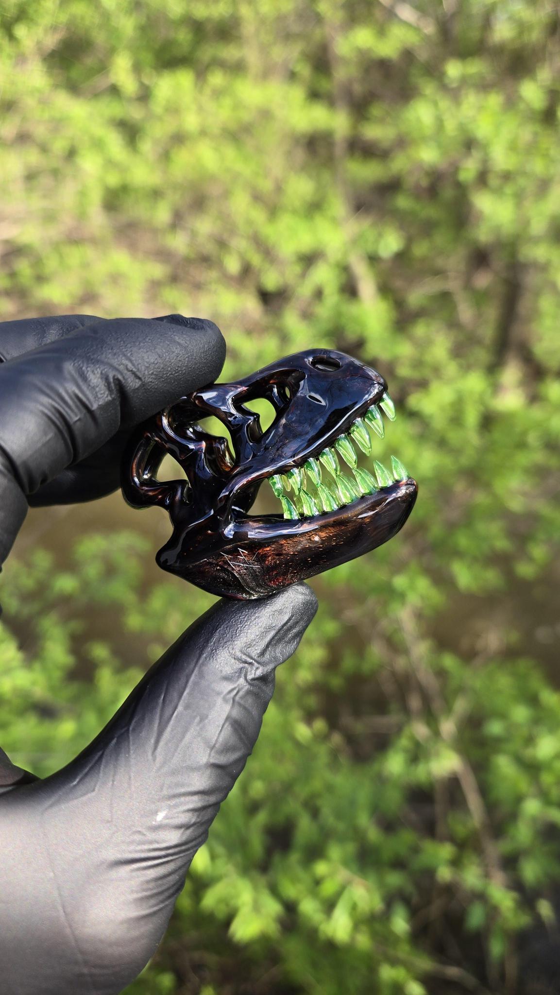 Roe Glass -  Opalized Electrum T-Rex Skull Pendant