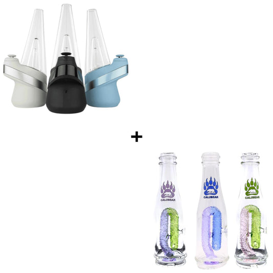 Puffco Peak with Calibear Gummy Worm Bottle - Add a playful touch to your Puffco Peak with the Calibear Gummy Worm Bottle. This unique glass attachment features a colorful gummy worm design and is compatible with the Puffco Peak.