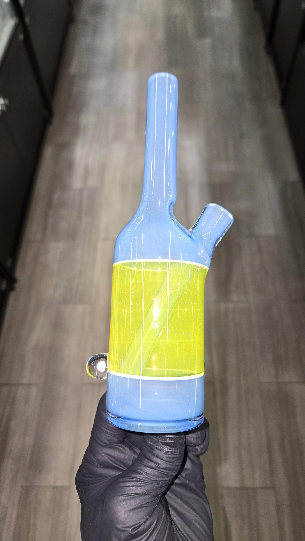The Glass Mechanic - Custom Blue & Lemon Drop Encased Opal Sake Bottle