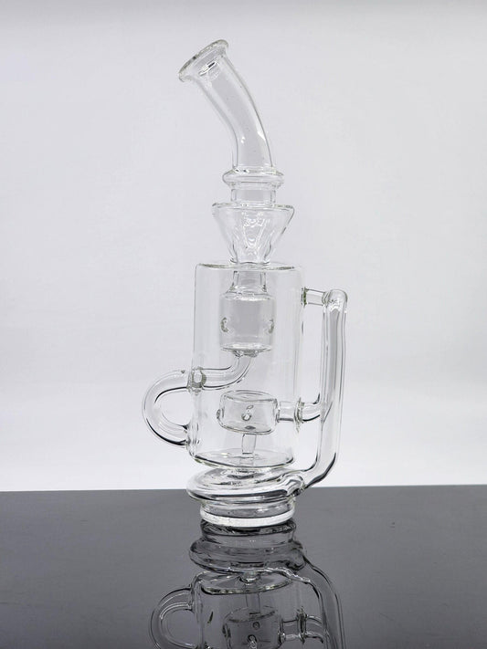 Clear Klein Recycler Puffco Attachment for Peak and Peak Pro (V1 & V2), featuring a 7-hole perc for smooth hits, height: 8", diameter: 1.5