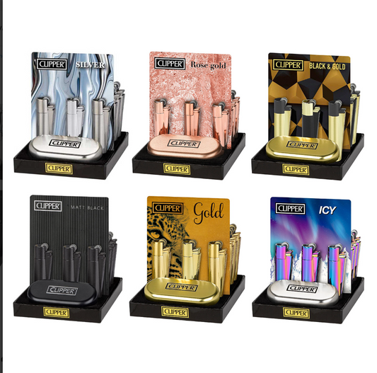 Clipper Classic Metal Lighter with Metal Case, available in assorted colors, featuring a removable flint system and durable metal casing.