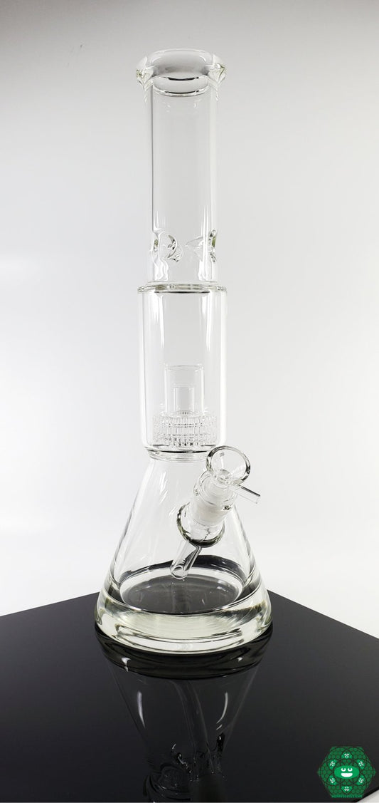 Encore Glass 16” Showerhead Beaker with a tapered design, featuring showerhead perc filtration for smooth, efficient draws.