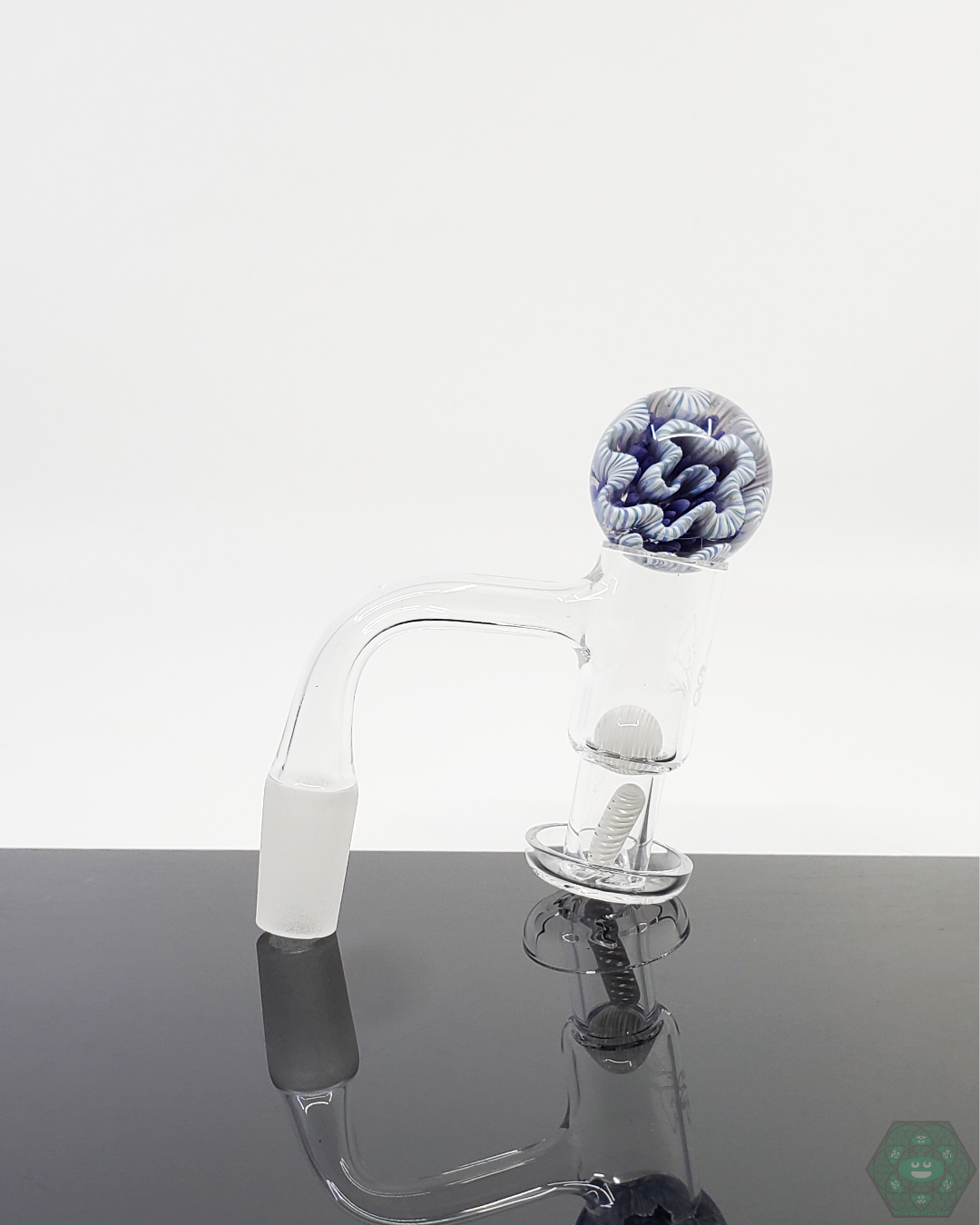 Glass by Keri Cane Dot Slurper Set featuring intricate cane dot design, terp pearls, and a 25mm marble for enhanced flavor and smooth vapor experience with quartz nails.