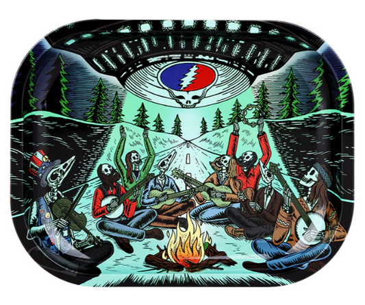 Grateful Dead x Pulsar Mini Metal Rolling Tray & Lid – 'UFO Jam' design featuring skeletons from the 1978 tour, with smooth rolled edges, raised sides, and matching magnetic lid for secure storage.