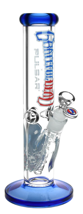 Grateful Dead x Pulsar Space Your Face Straight Tube Bong - 11.75-inch borosilicate glass bong with 7mm thick tubing, 3 pinch ice catcher, and large Stealie decal. Includes etched slitted diffuser downstem.