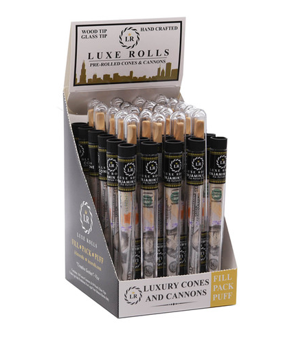  Luxe Rolls Benjamin Pre-Roll Cone, 1ct with vegan soy ink and elegant wood mouthpiece, offering an opulent smoking experience.