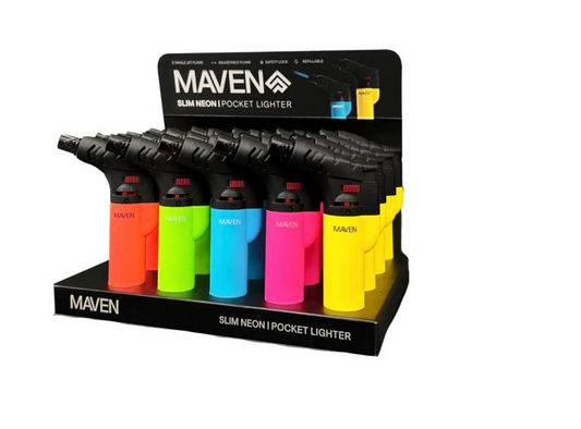 Maven Slim Neon Pocket Lighter in Orange, featuring a sleek, slim design and vibrant neon color for easy visibility.