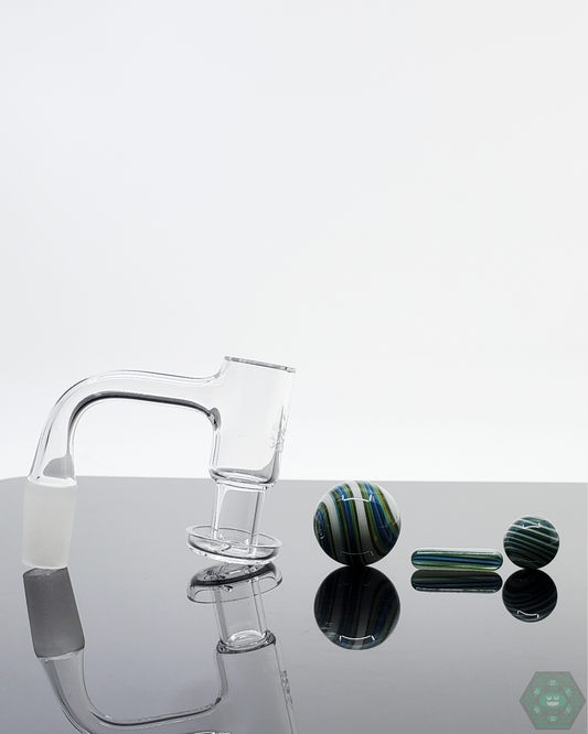  Nephilim Glass Linework Slurper Set designed for 25MM quartz nails, featuring intricate linework, terp pearls, terp valve, and marble for enhanced airflow.








