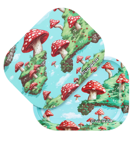 Pulsar Mini Metal Rolling Tray & Lid – 'Floating Mushrooms' design featuring lush greenery and spotted mushrooms, 7x5 inch tray with smooth rolled edges and magnetic lid.