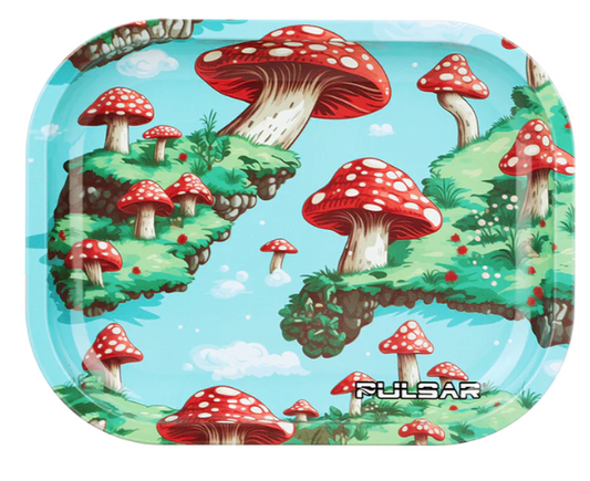 Pulsar Mini Metal Rolling Tray & Lid – 'Floating Mushrooms' design with spores in the breeze, featuring vibrant mushrooms on narrow pastures, 7x5 inch tray with raised sides and matching magnetic lid.