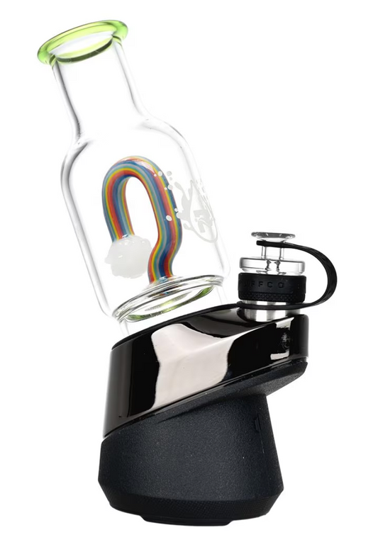 Pulsar Rainbow Resilience Glass Attachment for Puffco Peak/Pro, featuring a bottle-shaped body and perforated rainbow percolator for smooth vapor.