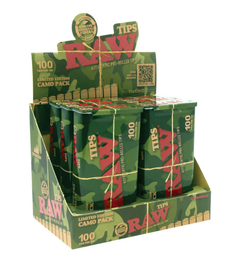 RAW Camo Pre-Rolled Filter Tip Tin, 100 tips per pack, perfect for smooth and hassle-free rolling with a stylish camo tin.