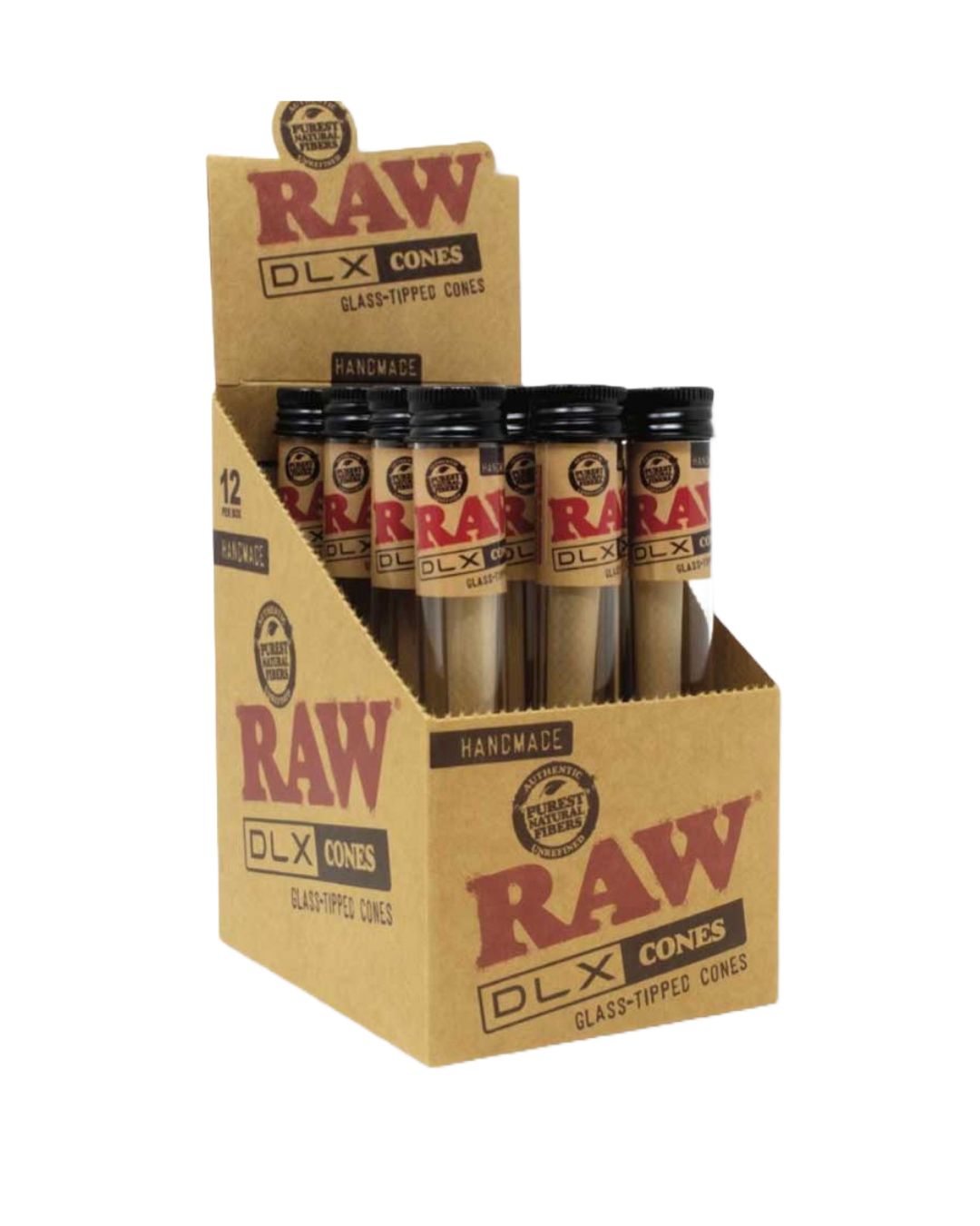 RAW DLX Glass Tipped Cones, high-quality, hand-crafted smoking cones made with genuine RAW rolling paper, carefully artisan rolled and supervised by The Grasshoppa, each cone featuring a premium heat-resistant glass tip for an enhanced smoking experience