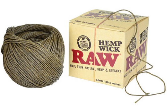 RAW Hemp Wick 100ft, crafted from European hemp and beeswax, offering a natural alternative to butane lighters for lighting RAW rolling papers.