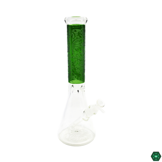  Encore Glass 14” Tribal Etched Beaker, featuring intricate tribal etchings for a unique artistic design, combined with efficient filtration for smooth and enjoyable draws.